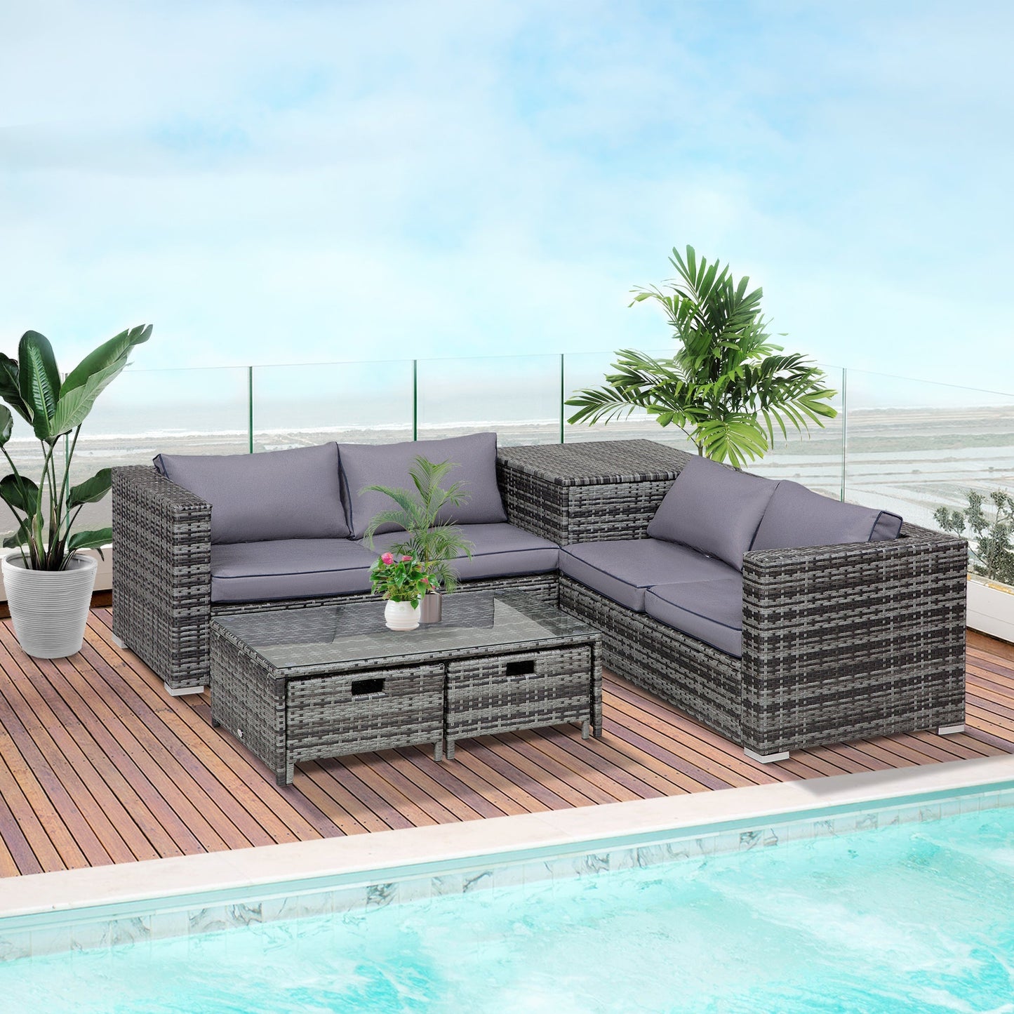 4-Piece Rattan Wicker Garden Furniture Patio Sofa Storage & Table Set w/ 2 Drawers Coffee Table