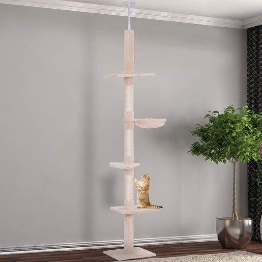 PawHut Floor to Ceiling Cat Tree for Indoor Cats 5-Tier Kitty Tower Climbing Activity Center Scratching Post Adjustable Height 230-260 cm Beige