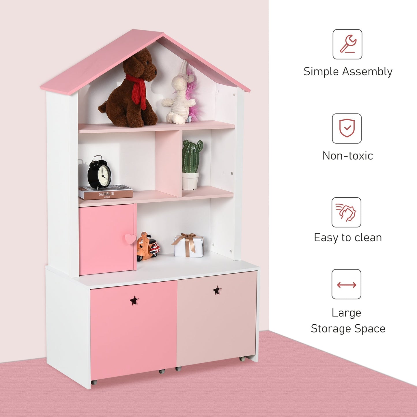 Homcom Kids Bookshelf Chest W/ Drawer With Wheels Baby Toy Wood Organizer Display Stand Storage Cabinet 80X34X130cm Pink