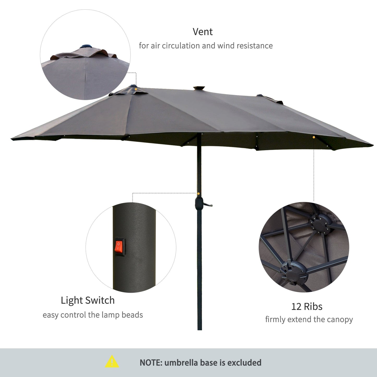 4.4m Double-Sided Sun Umbrella Patio Parasol LED Solar Lights Dark Grey