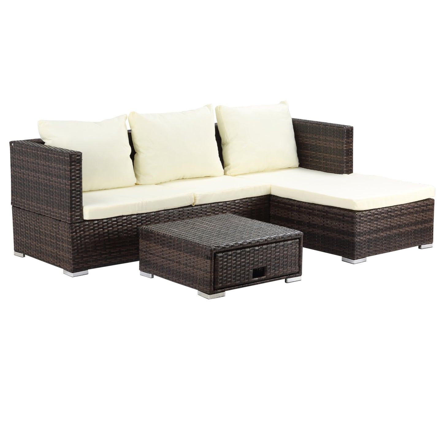 3-Piece Rattan Garden Furniture Storage Sofa Set 4 Seater Wicker Coffee Table Conservatory Sun Lounger Reclining Set Outdoor Weave with Cushion Brown