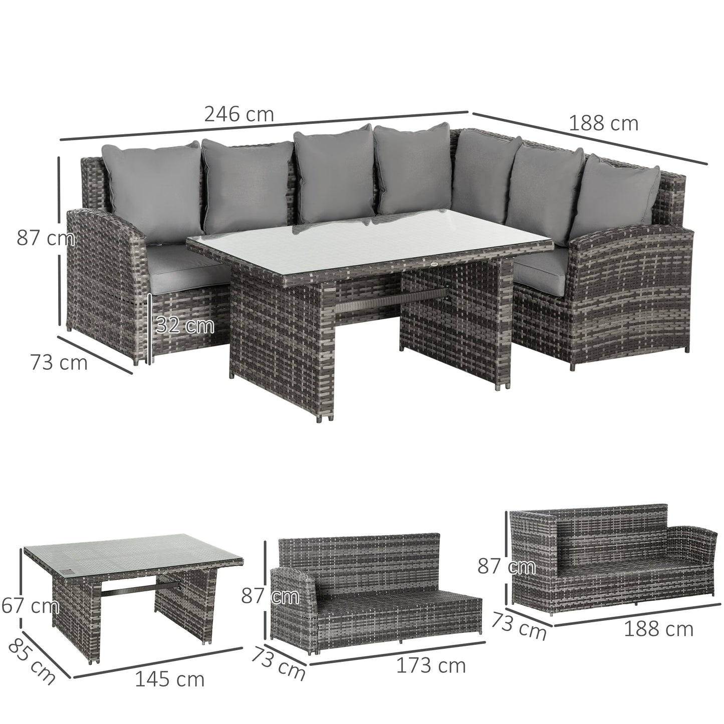 3-Piece PE Rattan Corner Dining Set Outdoor Garden Patio Sofa Table Furniture Set w/ Cushions Grey