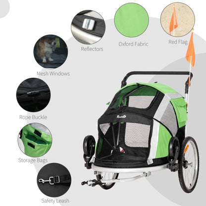 PawHut Dog Bike Trailer 2-in-1 Pet Stroller for Large Dogs Cart Foldable Bicycle Carrier Aluminium Frame with Safety Leash Hitch Coupler Reflector Flag Green