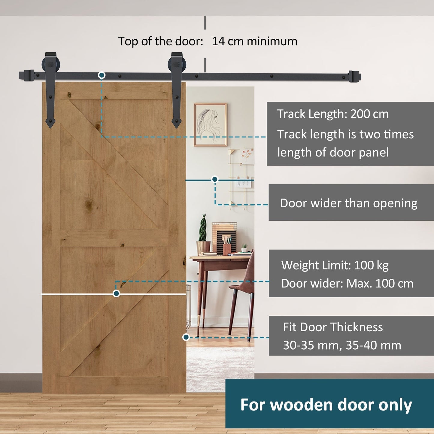 6' Sliding Wood Barn Door Stainless Steel Set