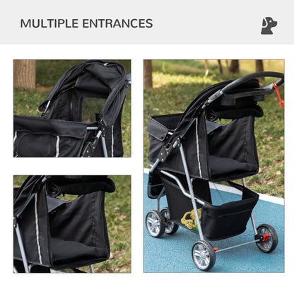 PawHut Pet Travel Stroller Cat Dog Pushchair Trolley Puppy Jogger Carrier Three Wheels for Small Miniature DogsBlack