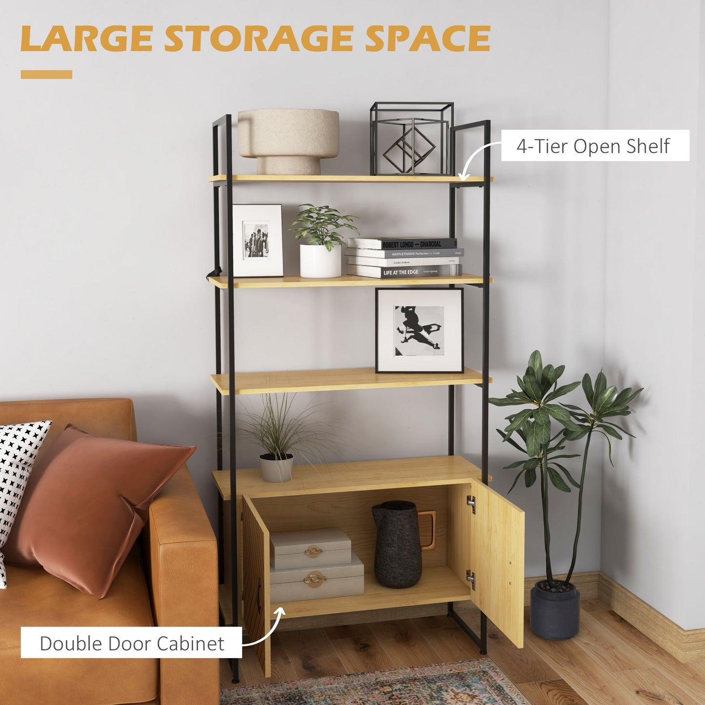 Bookcase 4-Tier Storage Shelf With Double Door Cabinet And Metal Frame For Living Room Bedroom Oak Tone