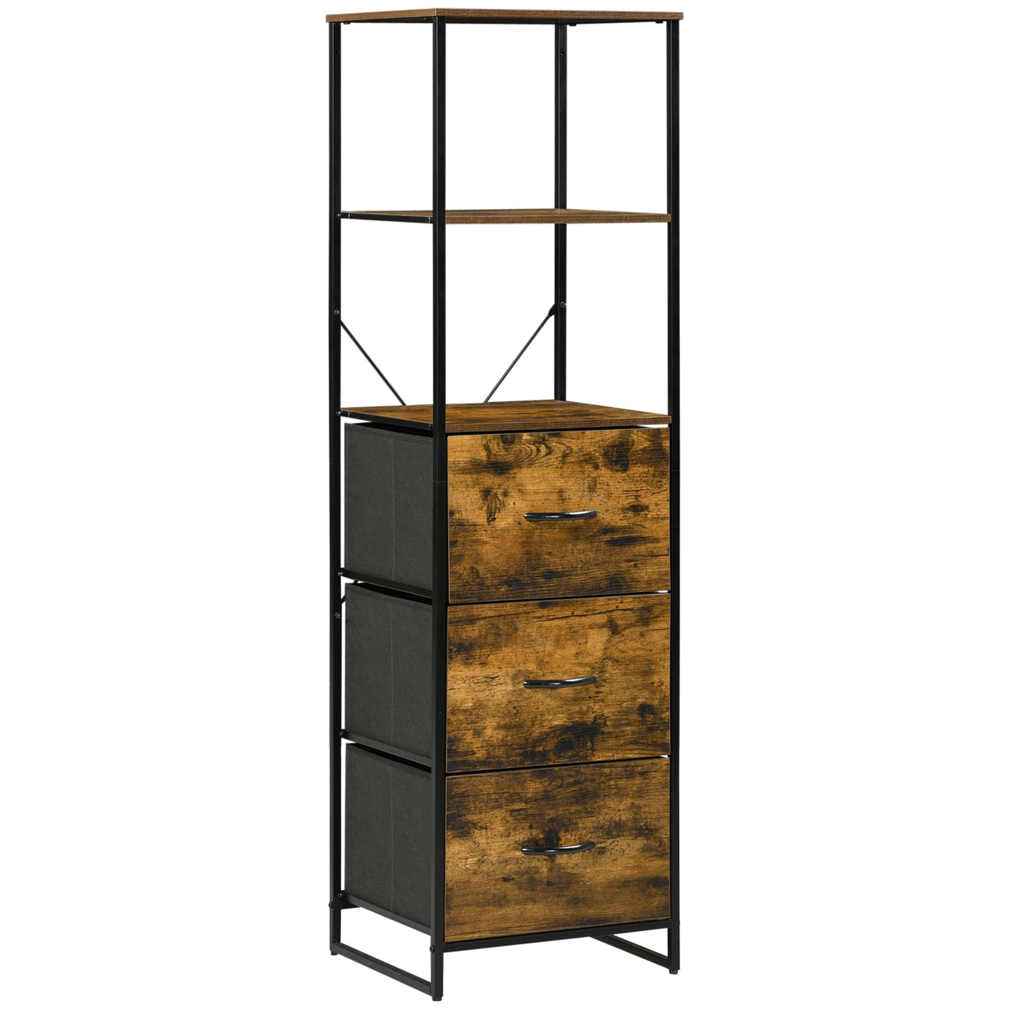 Industrial Storage Cabinet with 2 Open Shelves and 3 Foldable Fabric Drawers