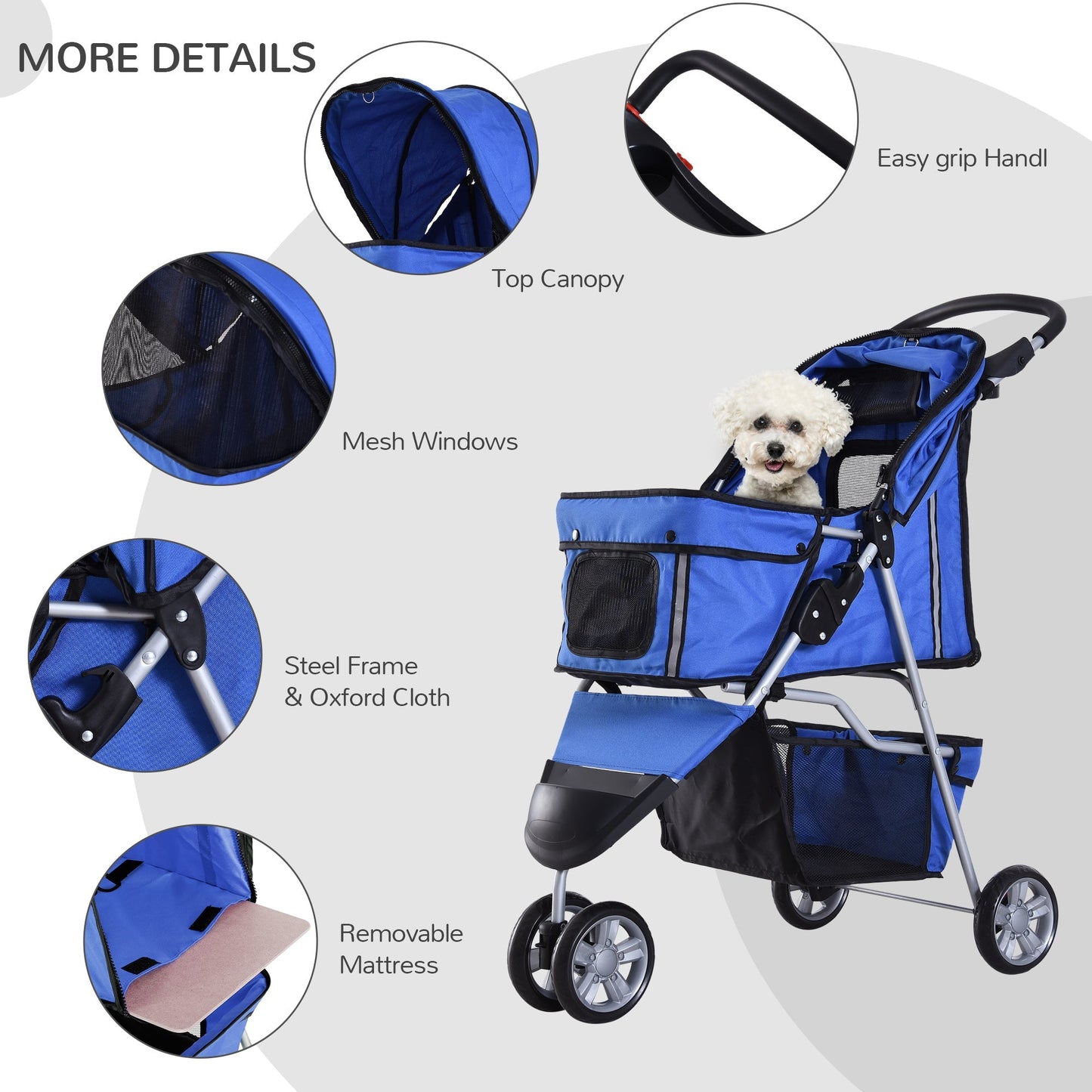 PawHut Pet Travel Stroller Cat Dog Pushchair Trolley Puppy Jogger Carrier Three Wheels for Small Miniature DogsBlue