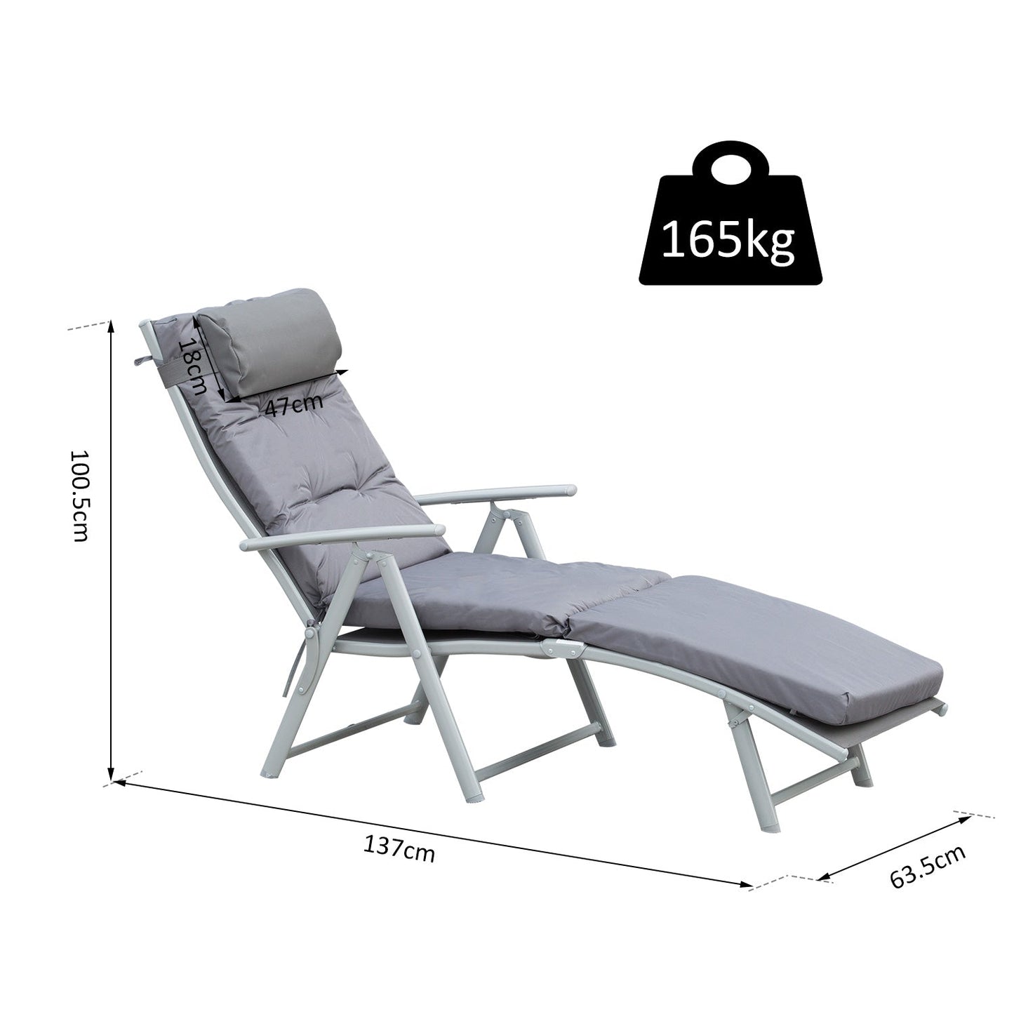 Outsunny Steel Frame Outdoor Garden Padded Sun Lounger With Pillow Grey