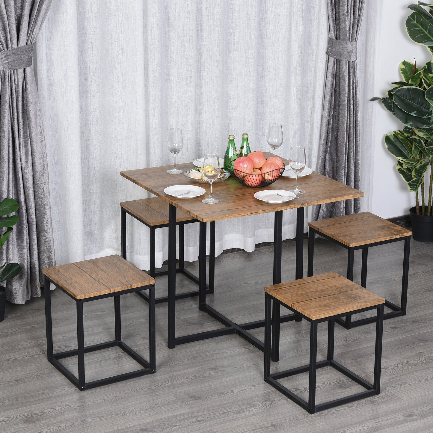 5-Piece Industrial Table & Stool Set w/ Metal Frame Home Dining Stylish Square Compact Seating Chair Beautiful Cool Black Brown