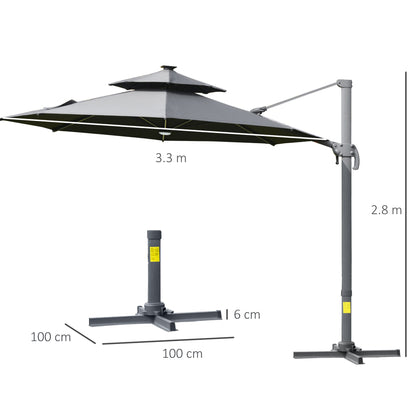 3m Cantilever Parasol w/ Solar Lights Power Bank Base 360° Spin Dark Grey