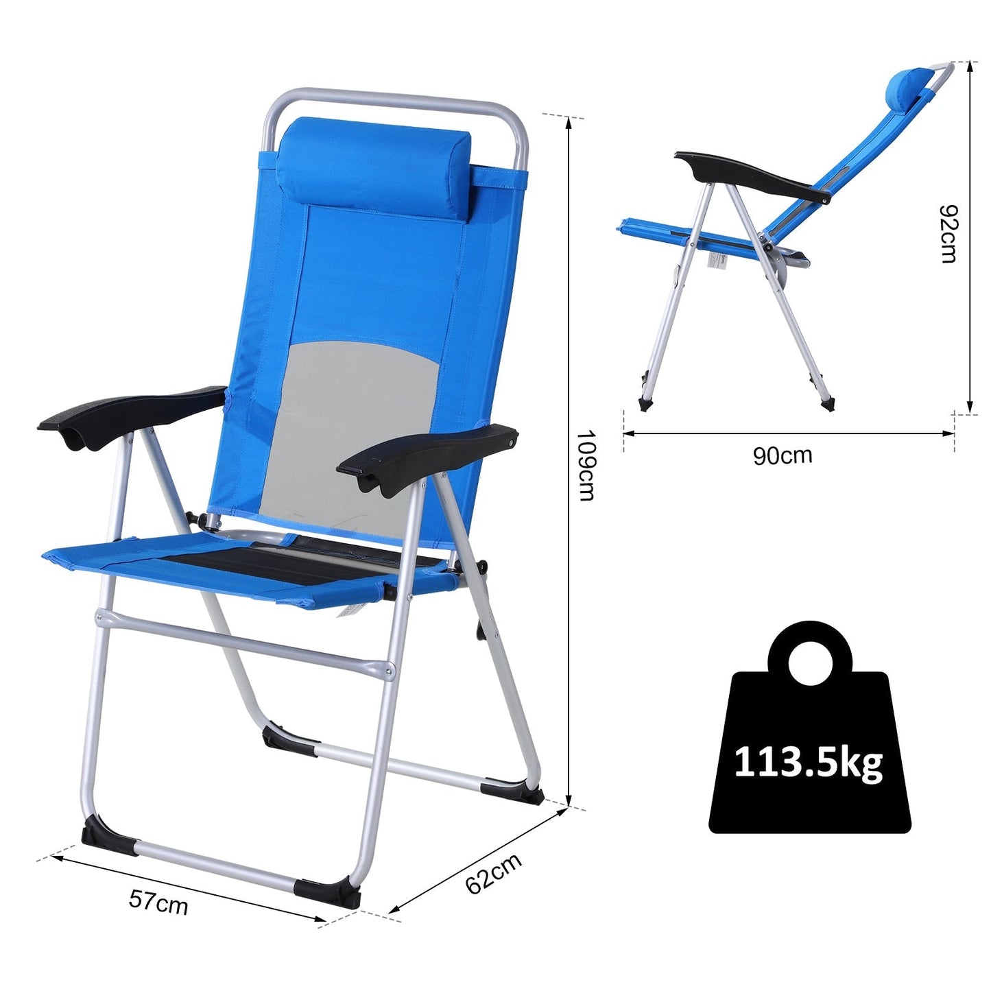 Metal Frame 3-Position Adjustable Outdoor Garden Chair w/ Headrest Blue