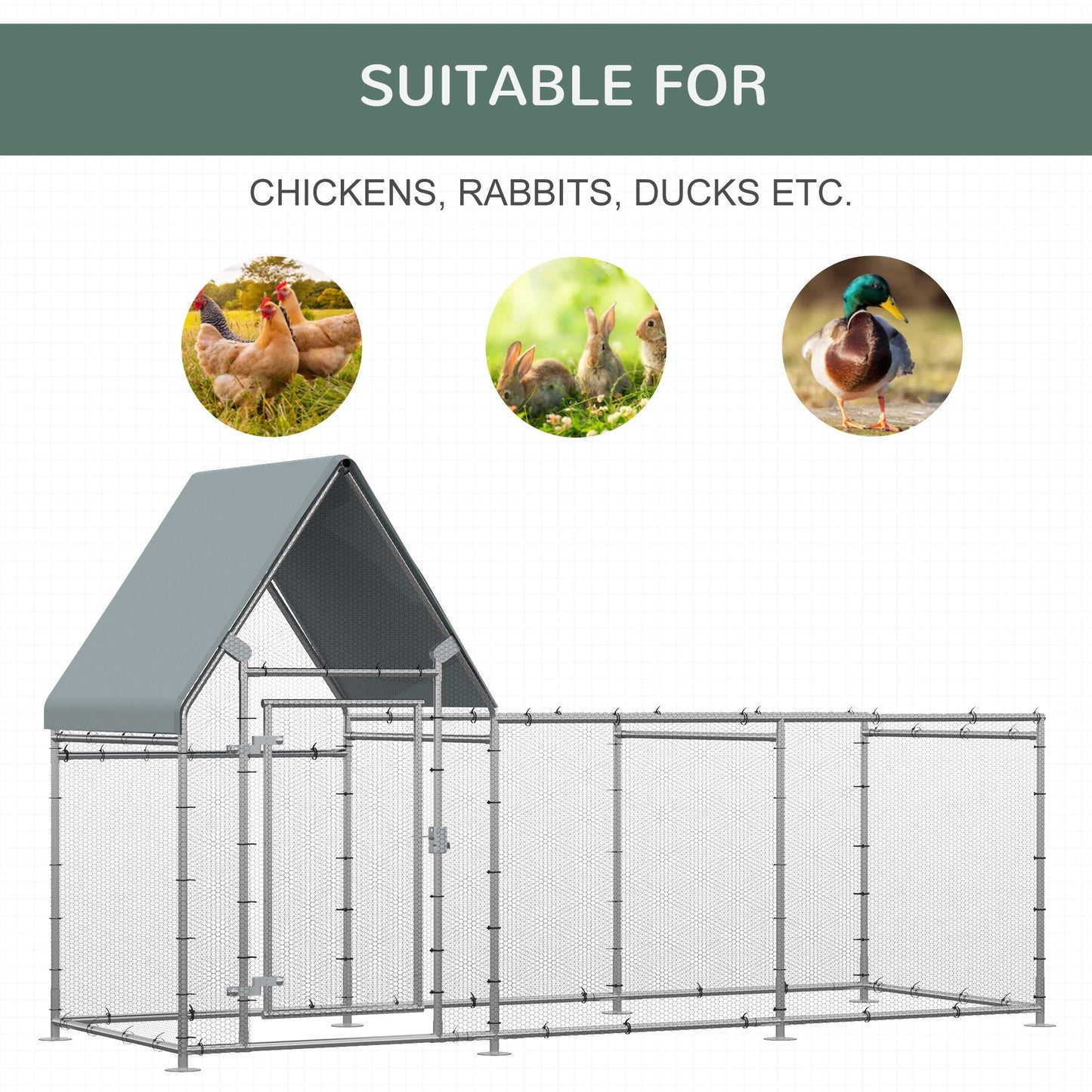 PawHut Walk In Chicken Run Galvanized Chicken Coop Hen House w/ Water-Resist Cover