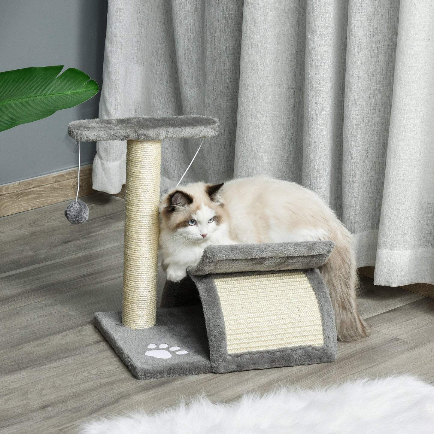 PawHut Cat Tree for Indoor Cats Scratching Post Kitten Scratcher Kitty Activity Play Center Sisal Rotatable Top Bar Tunnel Dangling Ball Light Grey