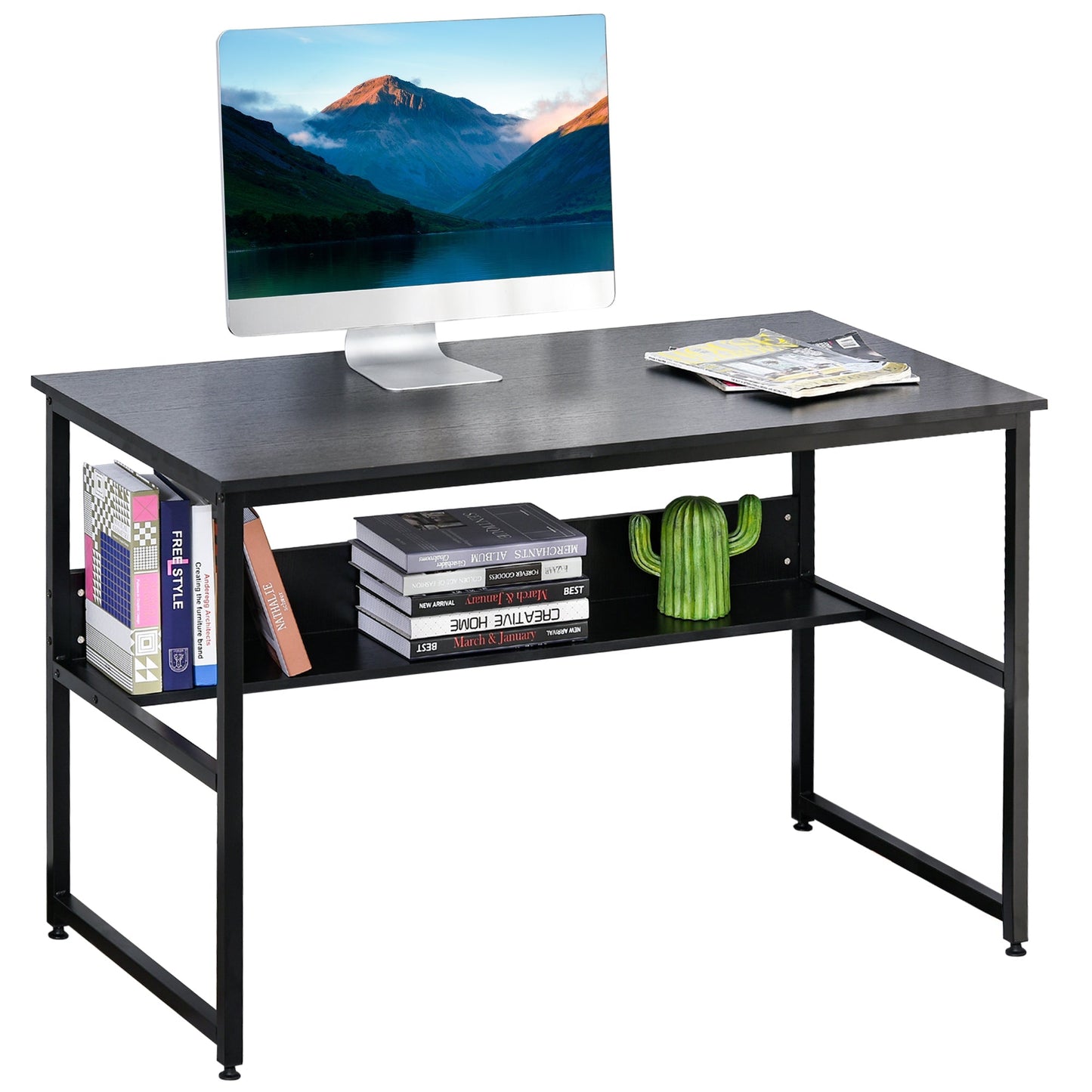 Homcom Computer Desk With Storage Shelf 120 X 60cm Home Office Desk With Metal Frame Study Table Easy Assembly Black