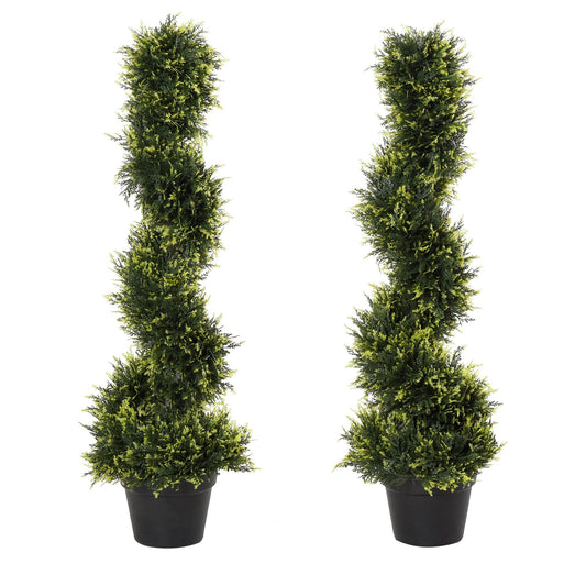 Set Of 2 90cm/3FT Artificial Spiral Topiary Trees w/ Pot Fake Indoor Outdoor Greenery Plant Home Office Garden Décor Green