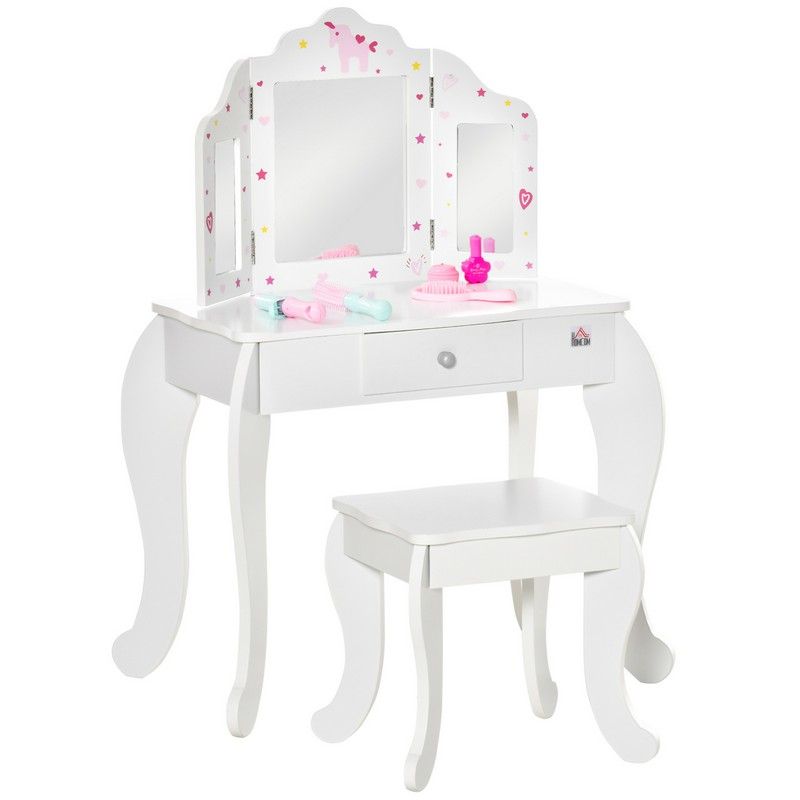 Homcom Homcom Kids Vanity Table & Stool Girls Dressing Set Make Up Desk Chair Dresser Play Set With Rotatable Mirrors Drawer Star & Heart Pattern White