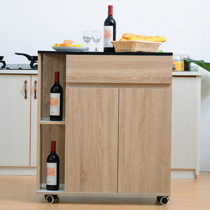 Kitchen Storage Trolley Cart Cupboard Rolling Island Shelves Cabinet With Door and Drawer Locking Wheels