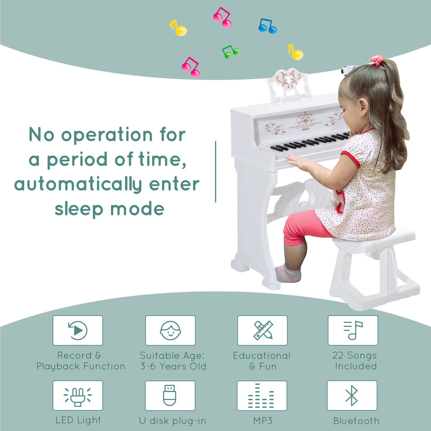 37 Keys Kids Piano Mini Electronic Keyboard Light Kids Musical Instrument Educational Game Children Grand Piano Toy Set w/Stool & Microphone & Music Stand White