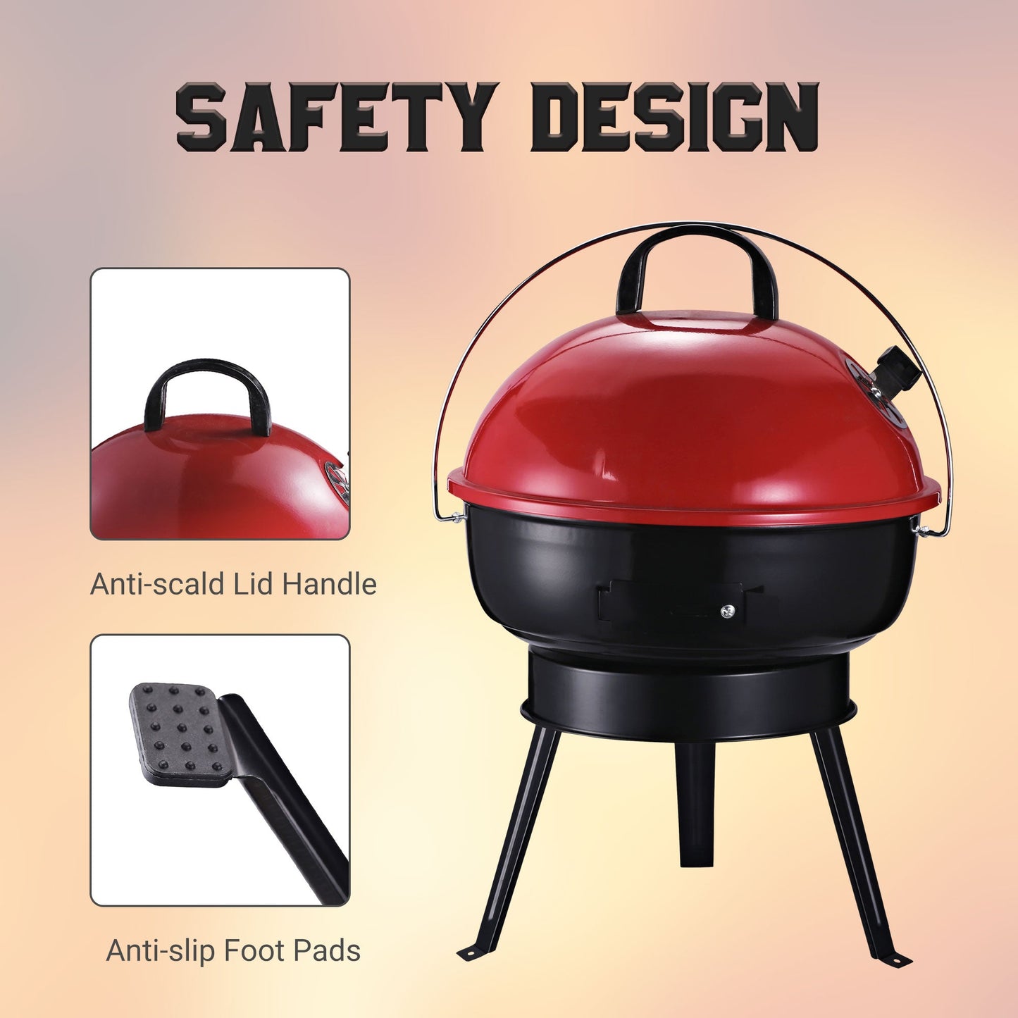 Metal Portable Tripod Charcoal Bbq Grill Black Red