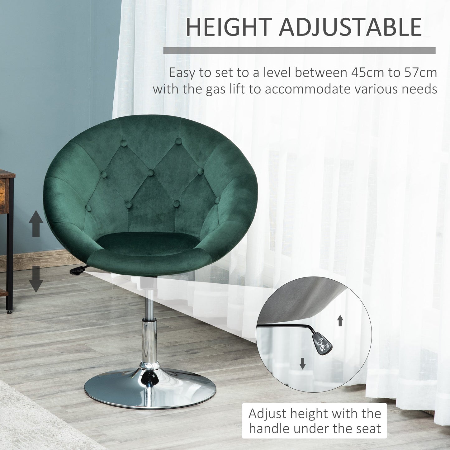 Modern Dining Height Bar Stool Velvet-Touch Tufted Fabric Adjustable Height Armless Tub Chair with Swivel Seat