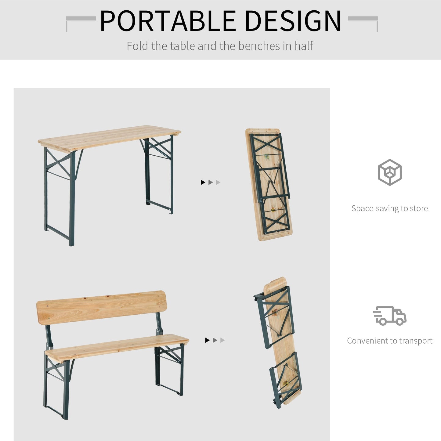 Outsunny Portable Folding Camping Picnic Trestle Beer Table and 2 Bench Set Wooden Garden Furniture Patio Dining Party BBQ Chairs Stools