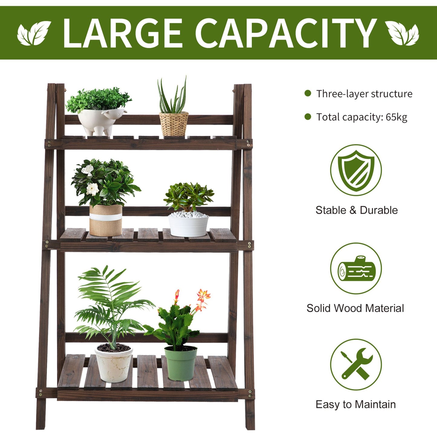 3-Tier Wooden Plant Shelf Foldable Plant Pots Holder Stand Indoor Outdoor 60L x 37W x 93H cm