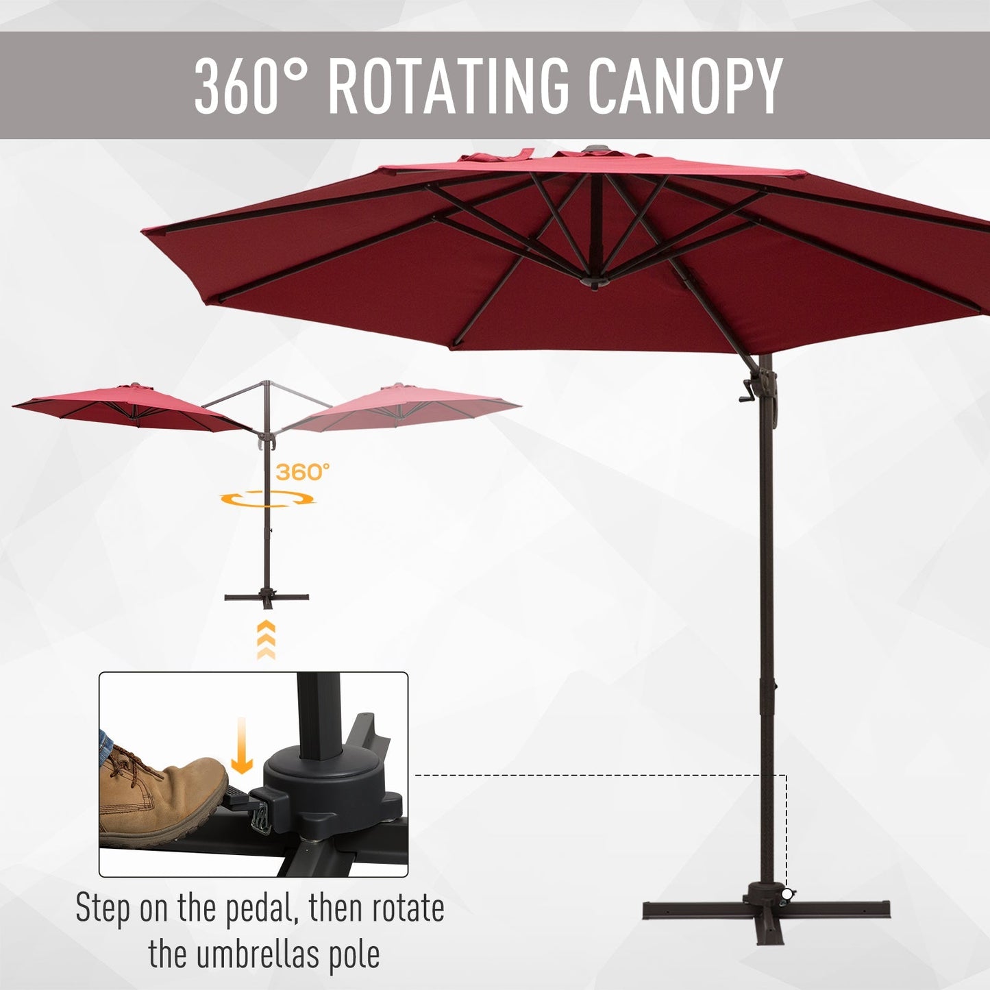 Outsunny 3M Cantilever Aluminium Frame Outdoor Garden Parasol Wine Red