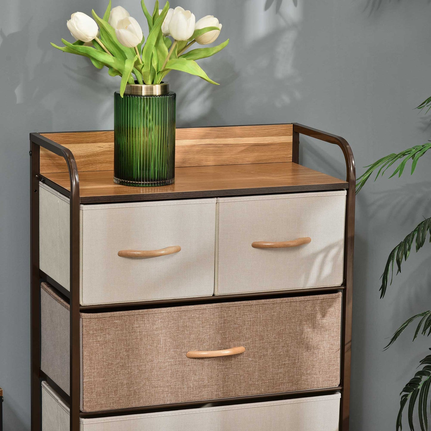 5-Drawer Dresser Tower Fabric Chest of Drawers with Steel Frame Wooden Top