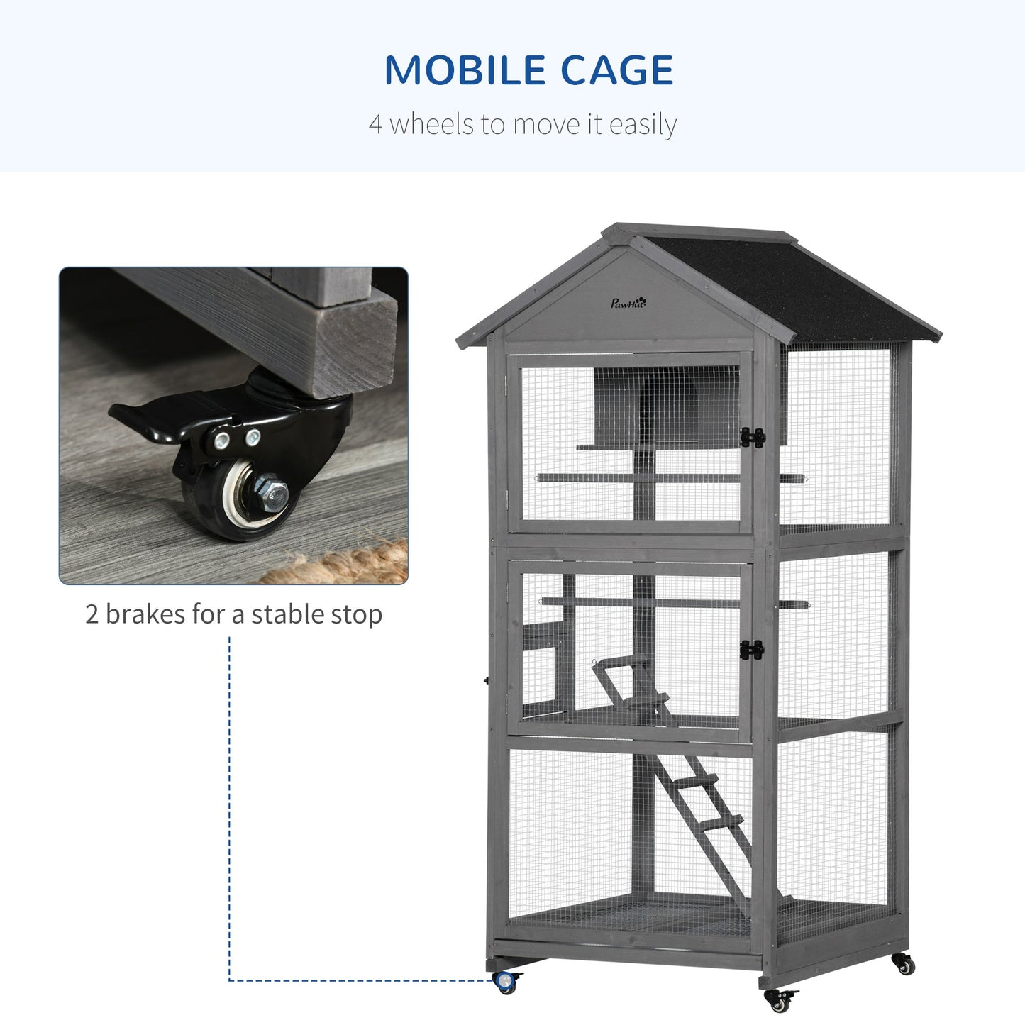 Cosy 180cm Bird Aviary Cage Wheeled Grey & Black by Pawhut