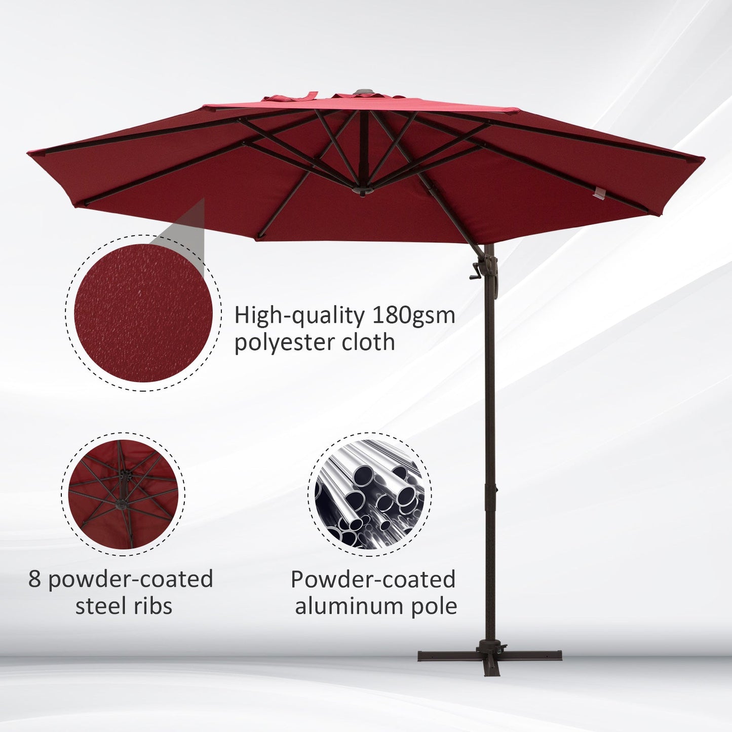 Outsunny 3M Cantilever Aluminium Frame Outdoor Garden Parasol Wine Red