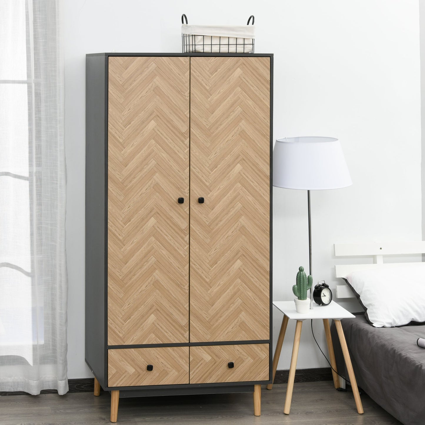 Modern Wardrobe Cabinet Wood Grain Sticker Surface with Shelf