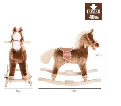 Kids Children Plush Rocking Horse Wooden Base Ride On Toy Rocker with Handle Grip Traditional Toy Fun Gift for Age 3+ Brown