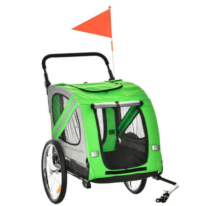 PawHut PawHut 2-In-1 Dog Bike Trailer Pet Stroller Pushchair with Universal Wheel Reflector Flag Green