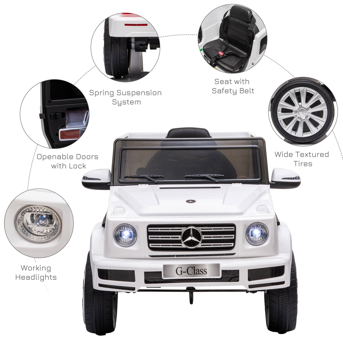 Homcom Compatible 12V Battery-powered 2 Motors Kids Electric Ride On Car Mercedes Benz G500 Toy with Parental Remote Control Music Lights MP3 Suspension Wheels for 3-8 Years Old White