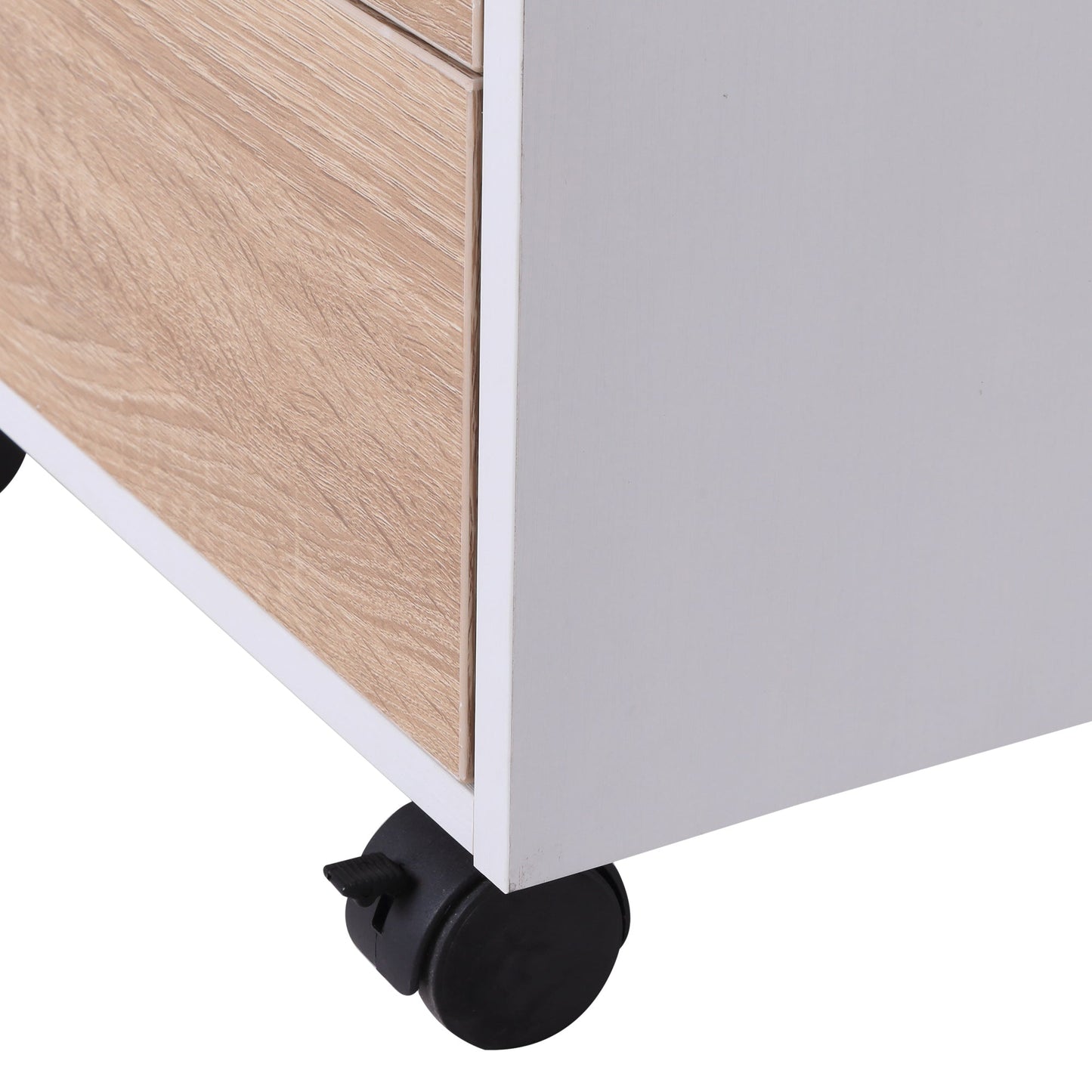 Medium-density fibreboard Mobile File Cabinet w/ 3 Drawers Locking Wheels Metal Rails Oak Tone White