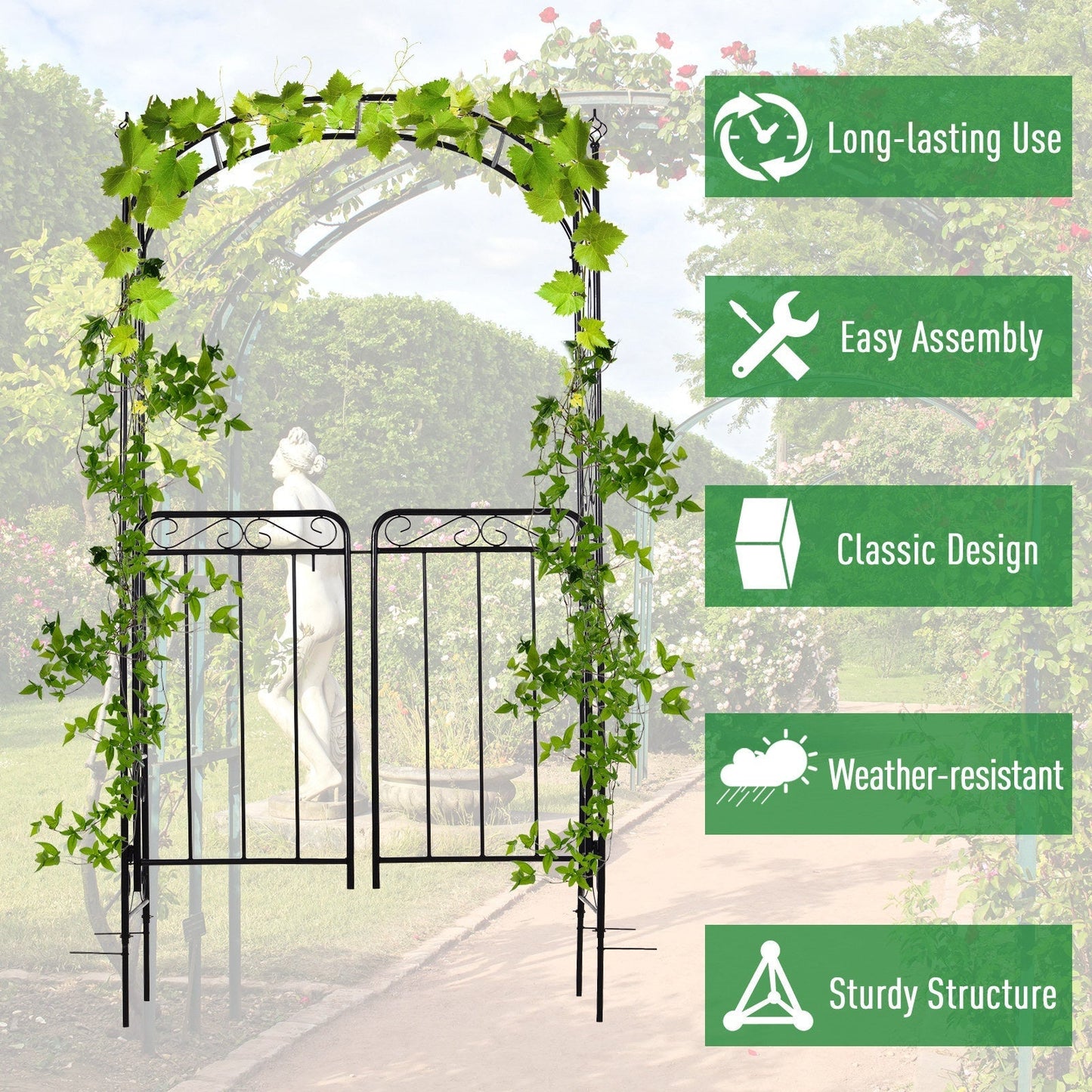 Outsunny Garden Decorative Metal Arch with Gate Outdoor Patio Trellis Arbor for Climbing Plant Archway Antique Black - 108L x 45W x 215H cm