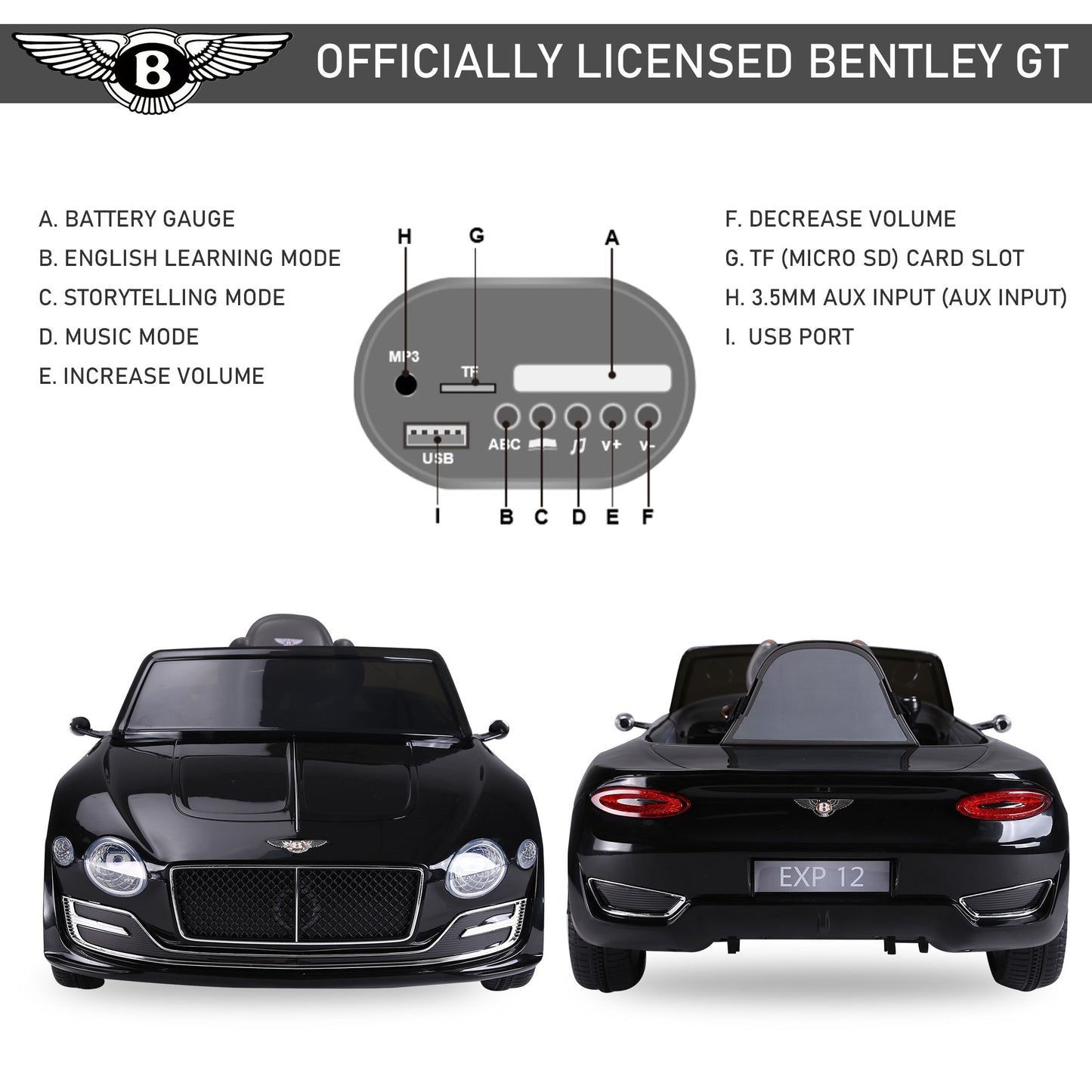 Compatible Electric Kids Ride On Car Bentley GT 12V Battery Powered Toy Two Motors with LED Light Music Parental Remote Control for 3 - 8 Years Black Bentley