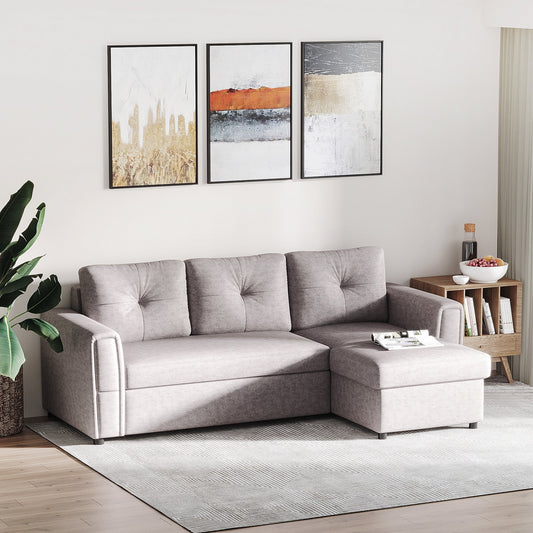 Linen-Look 'L' Storage Sofa Bed - Light Grey