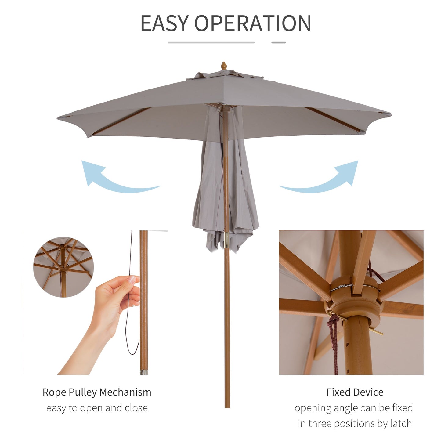 Outsunny 2.5M Wood Garden Parasol Sun Shade Patio Outdoor Wooden Umbrella Canopy Grey