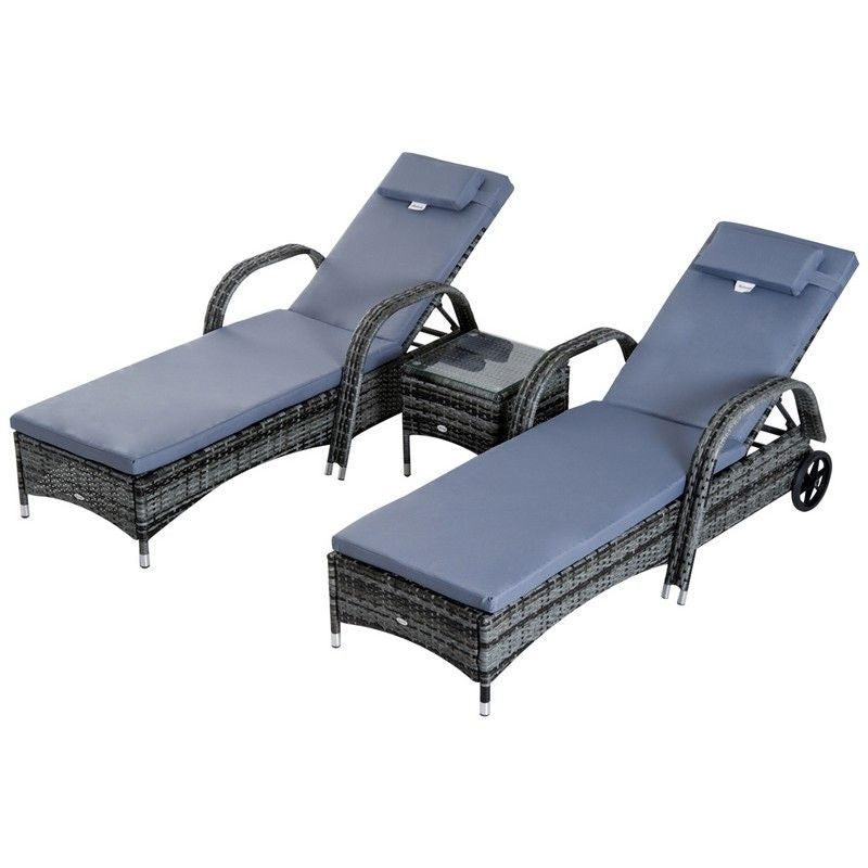 Outsunny Outsunny Set Of Two Rattan Sun Loungers With Side Table - Grey