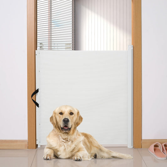 PawHut Retractable Safety Gate Dog Pet Barrier Folding Protector Home Doorway Room Divider Stair Guard White 115Lx82.5H cm