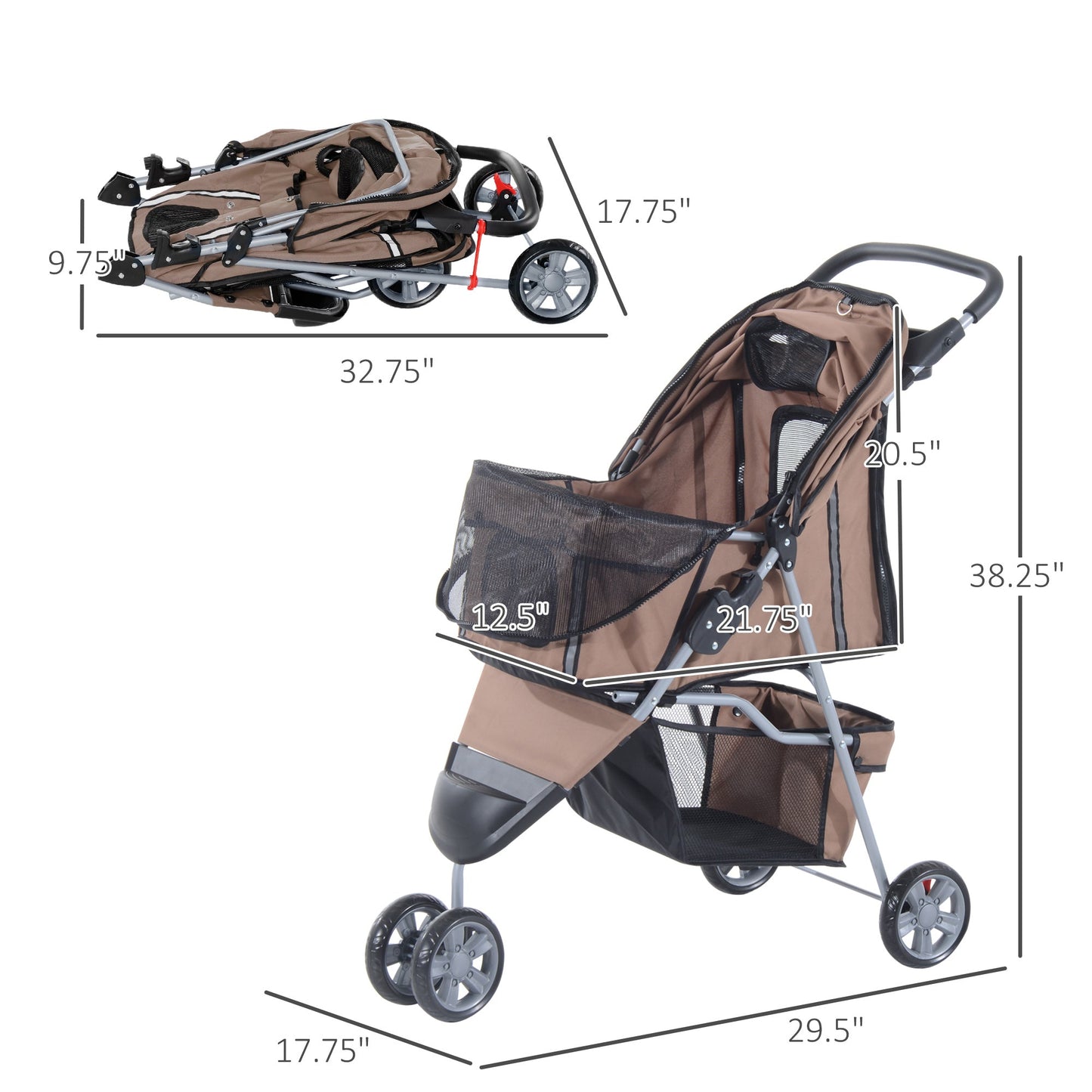 PawHut Pet Travel Stroller Cat Dog Pushchair Trolley Puppy Jogger Carrier Three Wheels for Small Miniature DogsCoffee