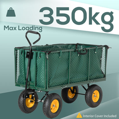 Large 4 Wheel Heavy Duty Garden Cart Truck Trolley Wheelbarrow with Handle and Metal Frame - Green