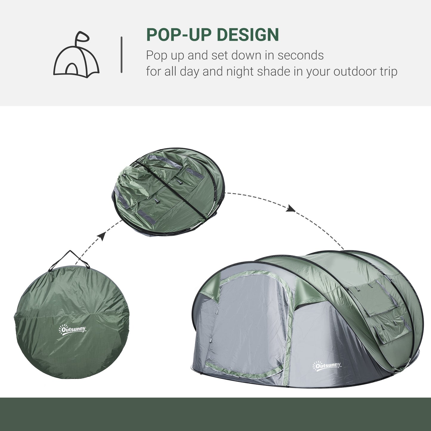 4-5 Person Pop-up Camping Tent Waterproof Family Tent w/ 2 Mesh Windows & PVC Windows Portable Carry Bag for Outdoor Trip Dark Green