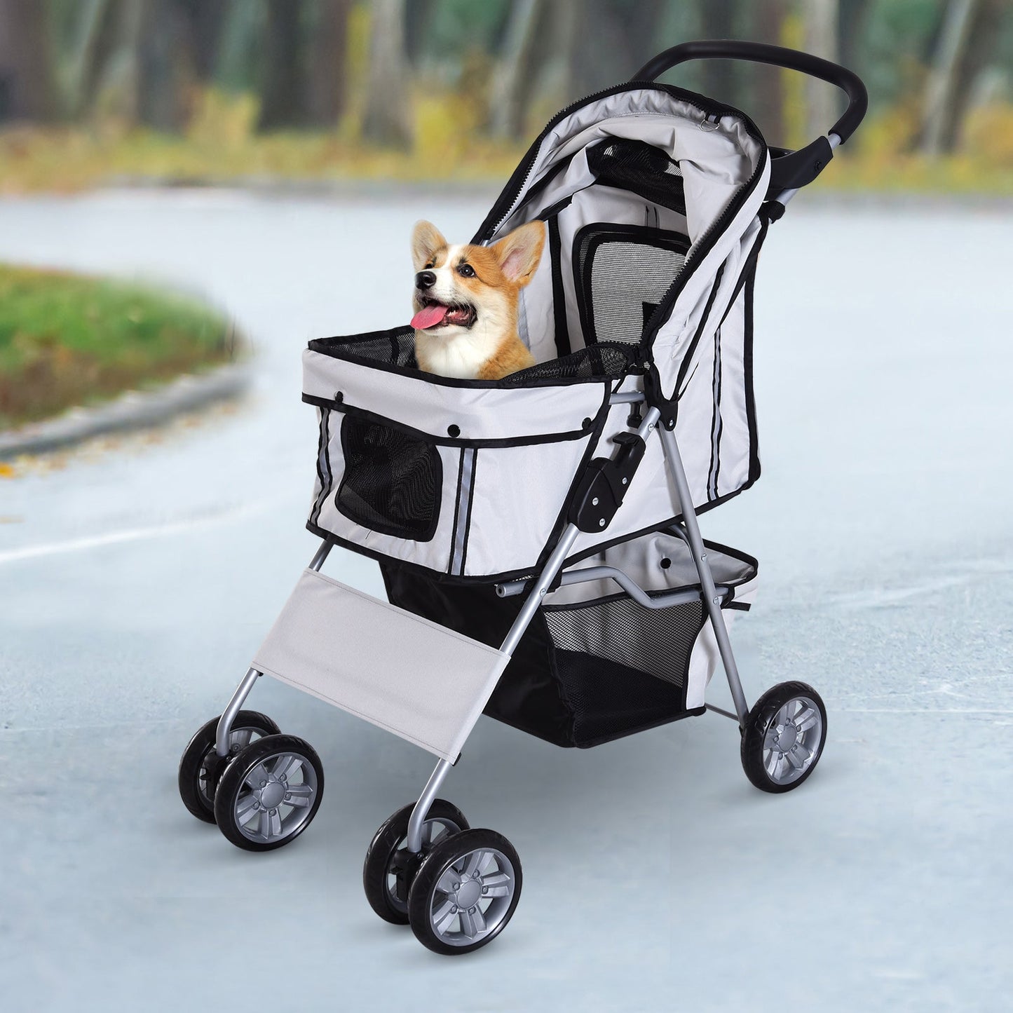 PawHut Dog Pram Pet Stroller Dog Pushchair 600D Oxford Cloth Grey - Suitable for Small Pets