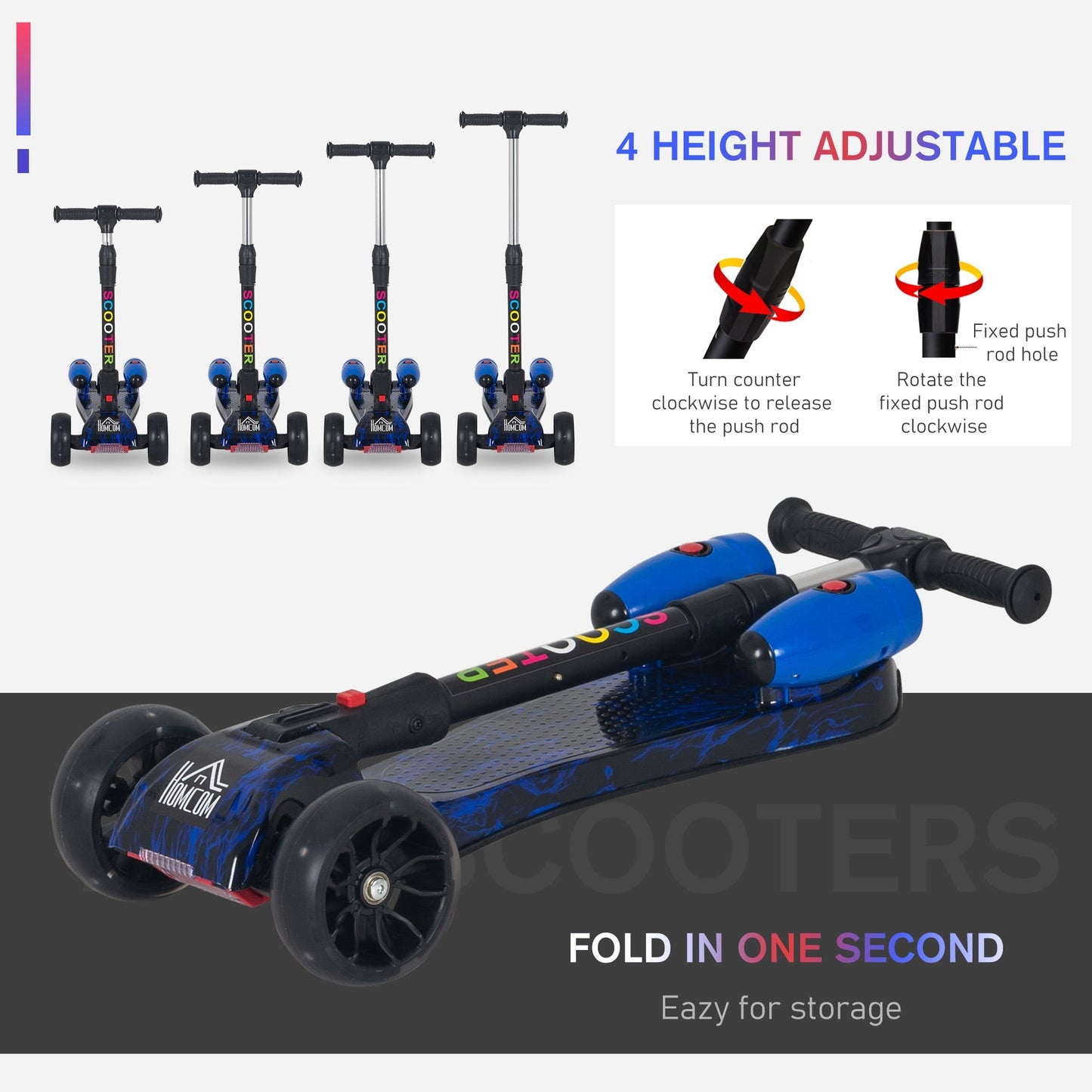 Scooter for Kids Toddler 3 Wheel Adjustable Height w/ Flashing Wheels Music Water Spray Foldable Kick Scooter for Boys and Girls 3 - 6 Yrs Blue