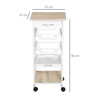 Mobile Rolling Kitchen Island Trolley for Home w/ Metal Baskets Trays Shelves Wheels Compact Stylish Storage White