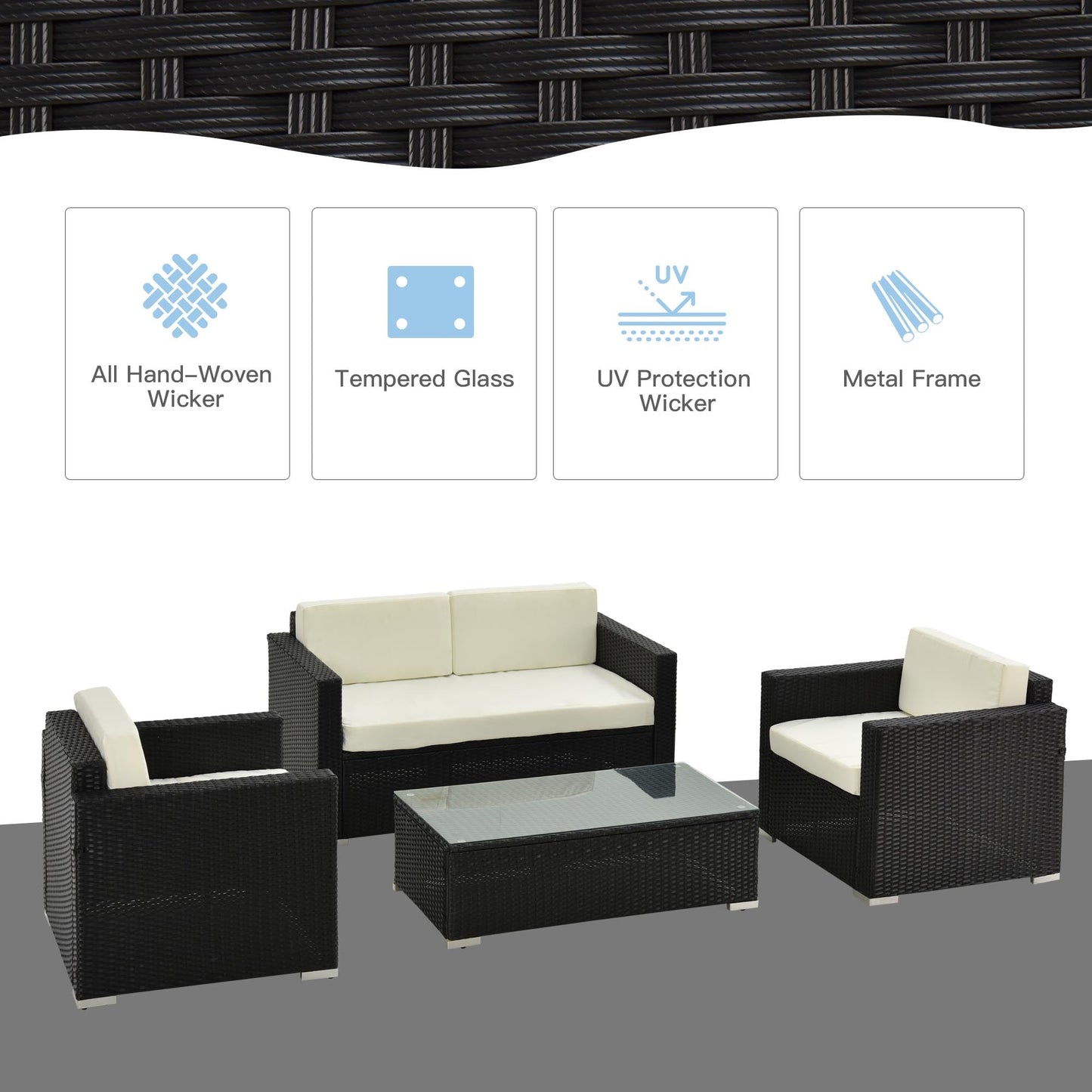 4 Seater Rattan Sofa Set Garden Rattan Furniture Wicker Steel Chair Seat Furniture Patio Rattan Garden Sofa Black