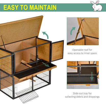 PawHut Wood-metal Rabbit Hutch Guinea Pig Hutch Elevated Pet House Bunny Cage with Slide-Out Tray Openable Roof Outdoor 89.5 x 45 x 81cm Light Yellow